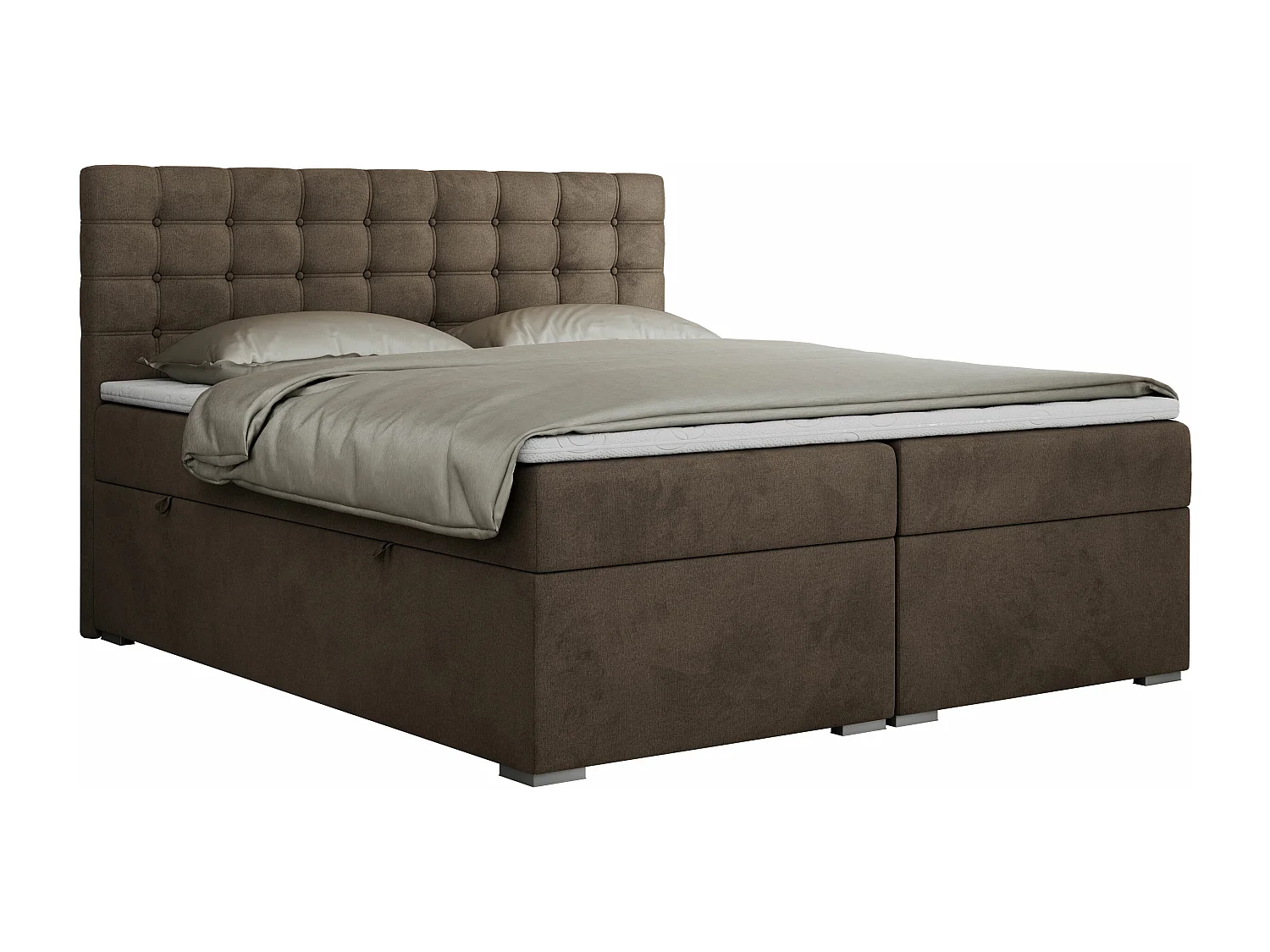 Boxspringbett SUSAN - mit gestepptem Kopfteil, zwei Bettkästen und Topper, gepolstertes Schlafzimmerbett - 200x200 cm - H4 - Braun Velvet
