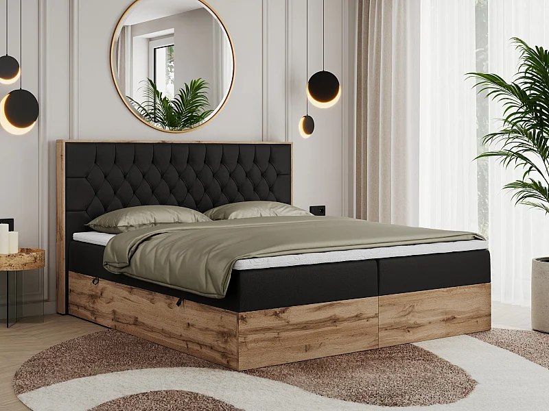 Boxspringbett AMORE - Bett mit Multipocket-Matratze, gesteppte Kopfstütze, Doppelbett für Schlafzimmer - 180x200 cm - H4 - Schwarz Kunstleder