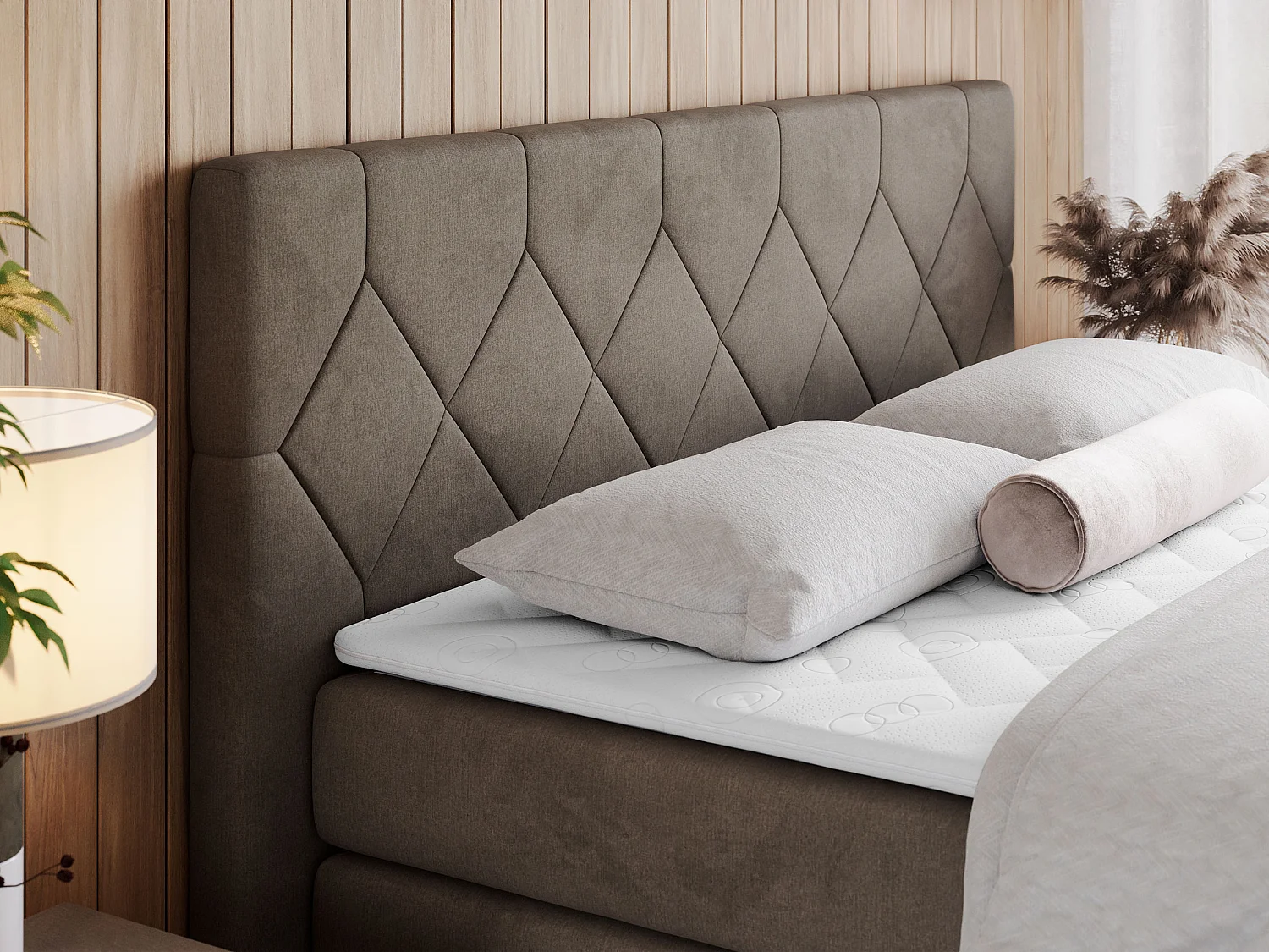 Boxspringbett EIGAR KING - Doppelbett mit genähtem Kopfteil, zwei Multipocket-Matratzen, Polsterbett für Schlafzimmer - 180x200 cm - H3 - Braun Velvet