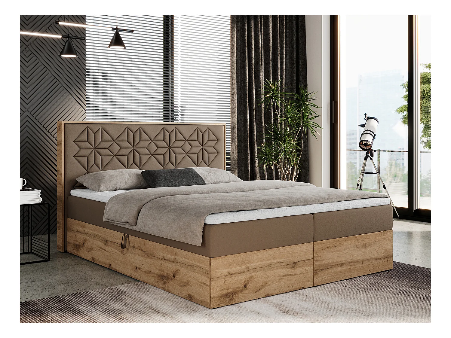 Boxspringbett NESSI - mit hoher Kopfstütze, Multipocket-Matratze und Topper, Doppelbett mit Bettkästen - 140x200 cm - H3 - Braun Kunstleder