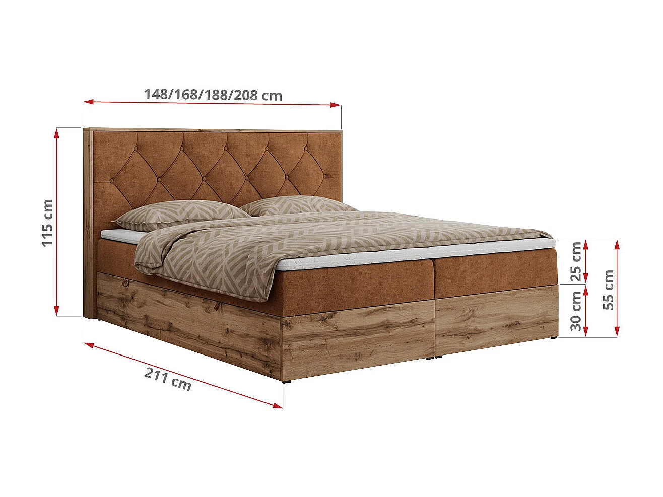 Boxspringbett VENETO - gestepptem Kopfteil, Set mit Multipocket-Matratze und Topper, Holzrahmen, zwei Bettkästen - 200x200 cm - H3 - Orange Strukture