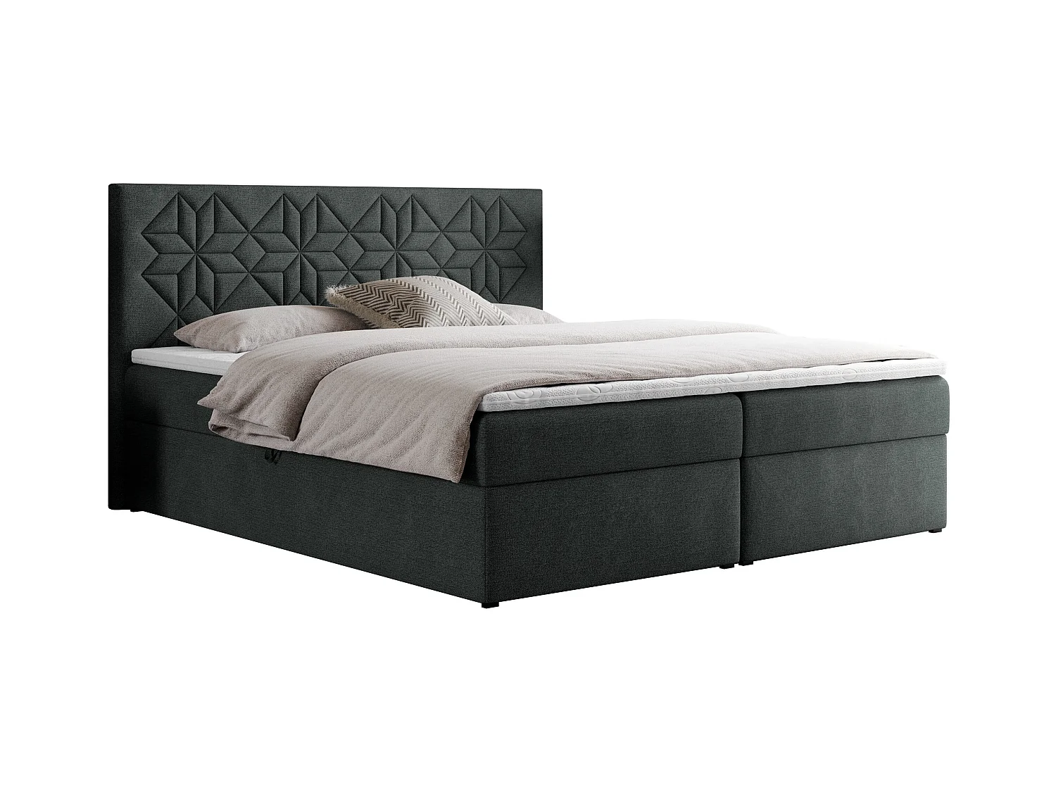 Boxspringbett LEILA - gestepptes Kopfteil,  7 Härtezonen Multipocket-Matratzen, Doppelbett mit Bettkästen - 120x200 cm - H4 - Dunkelgrau Strukture