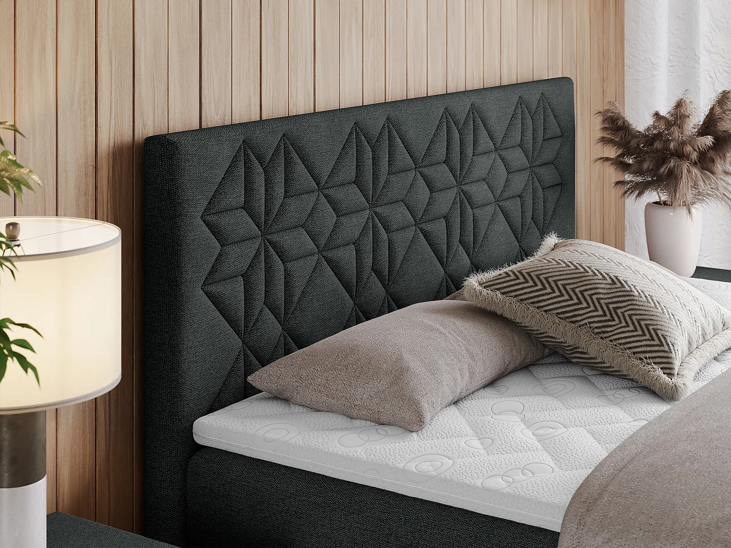 Boxspringbett LEILA - gestepptes Kopfteil,  7 Härtezonen Multipocket-Matratzen, Doppelbett mit Bettkästen - 120x200 cm - H4 - Dunkelgrau Strukture