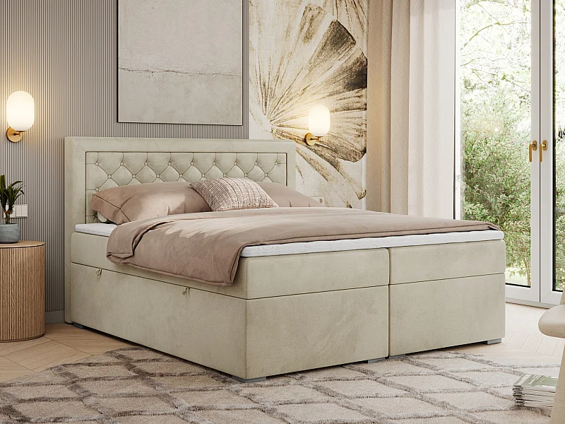 Boxspringbett JASIR - mit gestepptem Kopfteil, Doppelbett für Schlafzimmer, Multipocket-Matratze, Stauraum - 120x200 cm - H4 - Beige Velvet