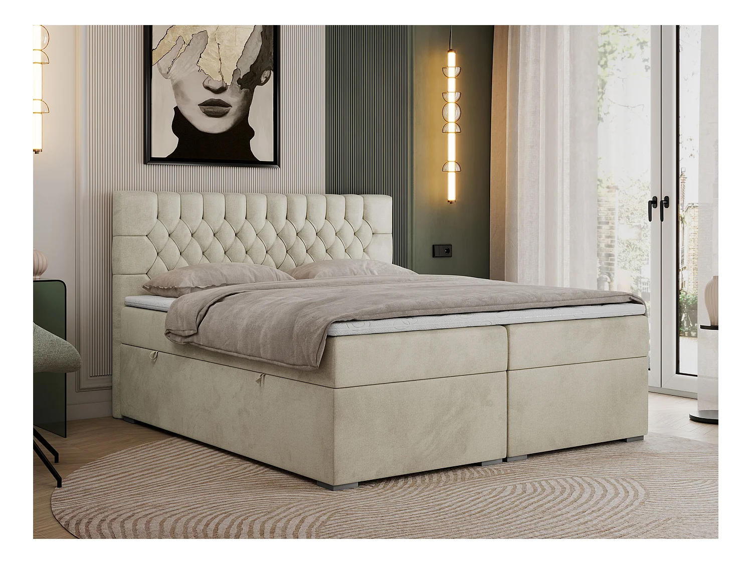 Boxspringbett PERA - gesteppte Kopfstütze, Multipocket-Matratze und Topper, Doppelbett mit Stauraum - 200x200 cm - H4 - Beige Velvet