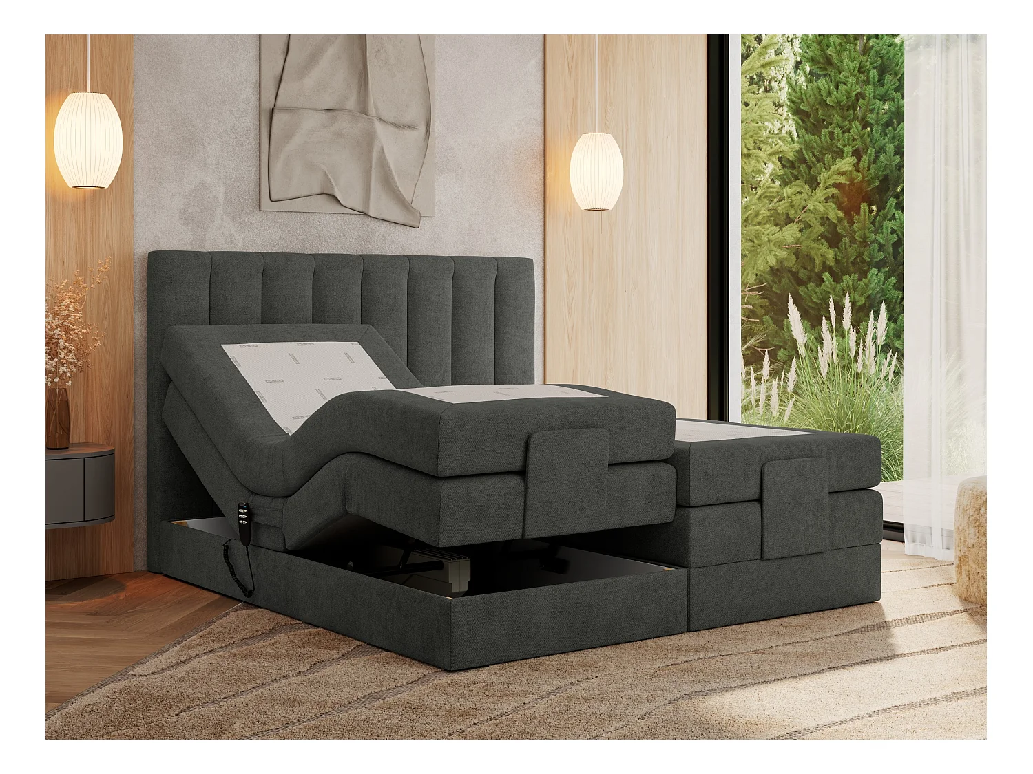 Boxspringbett COMFORTO - Doppelbett, Elektrisch verstellbare, Multipocket-Matratzen und Topper, genähtes Kopfteil - 180x200 cm - H3 - Dunkelgrau Strukture