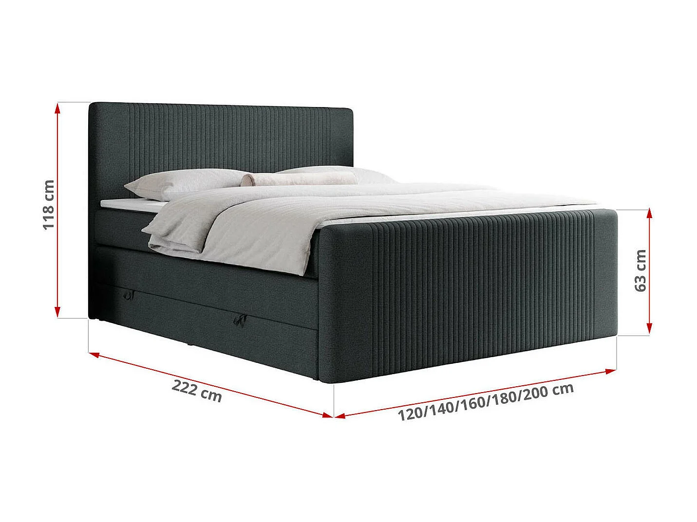 Boxspringbett DOREN KING - mit gesteppter Front und Kopfteil, zwei Multipocket-Matratzen und Topper, Doppelbett - 120x200 cm - H3 - Dunkelgrau Strukture