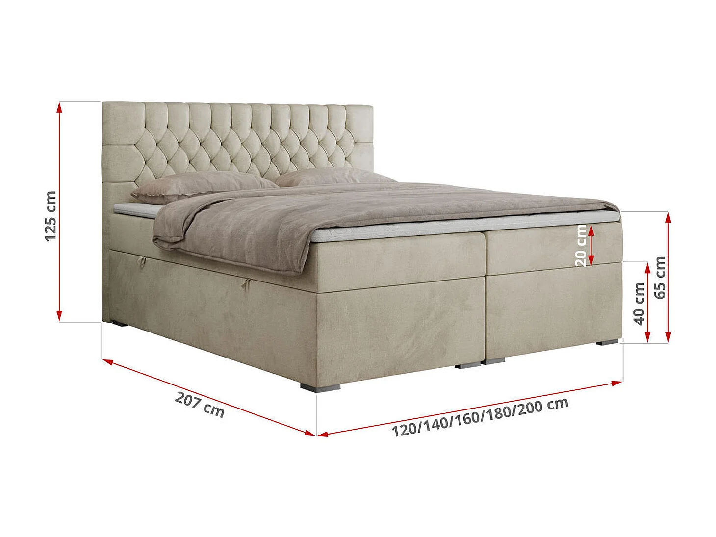 Boxspringbett PERA - gesteppte Kopfstütze, Multipocket-Matratze und Topper, Doppelbett mit Stauraum - 140x200 cm - H4 - Beige Velvet