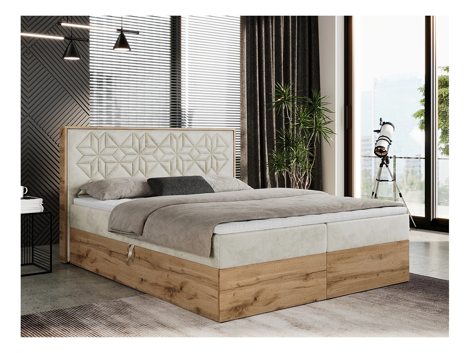 Boxspringbett NESSI - mit hoher Kopfstütze, Multipocket-Matratze und Topper, Doppelbett mit Bettkästen - 140x200 cm - H3 - Beige Velvet