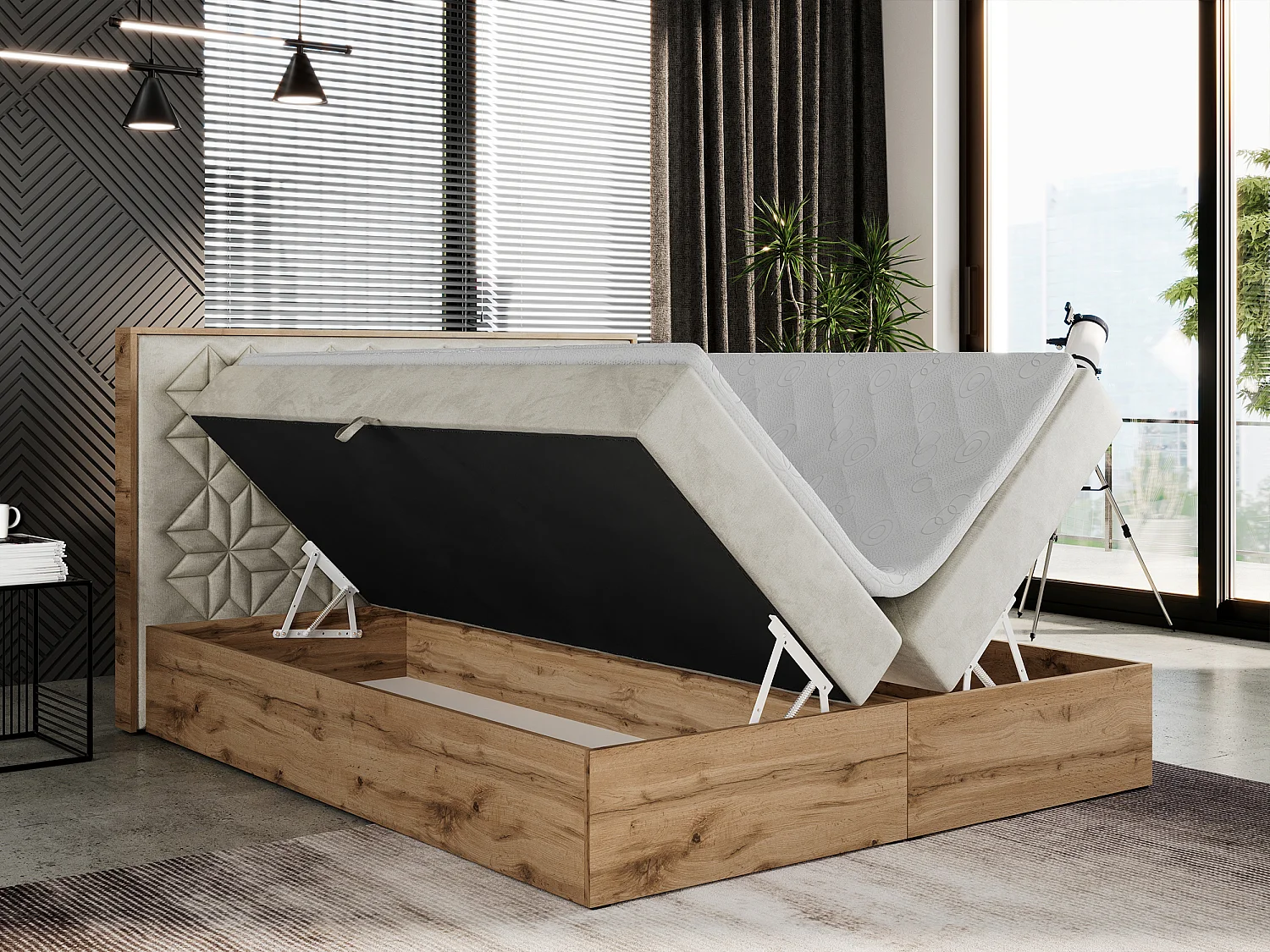 Boxspringbett NESSI - mit hoher Kopfstütze, Multipocket-Matratze und Topper, Doppelbett mit Bettkästen - 140x200 cm - H3 - Beige Velvet