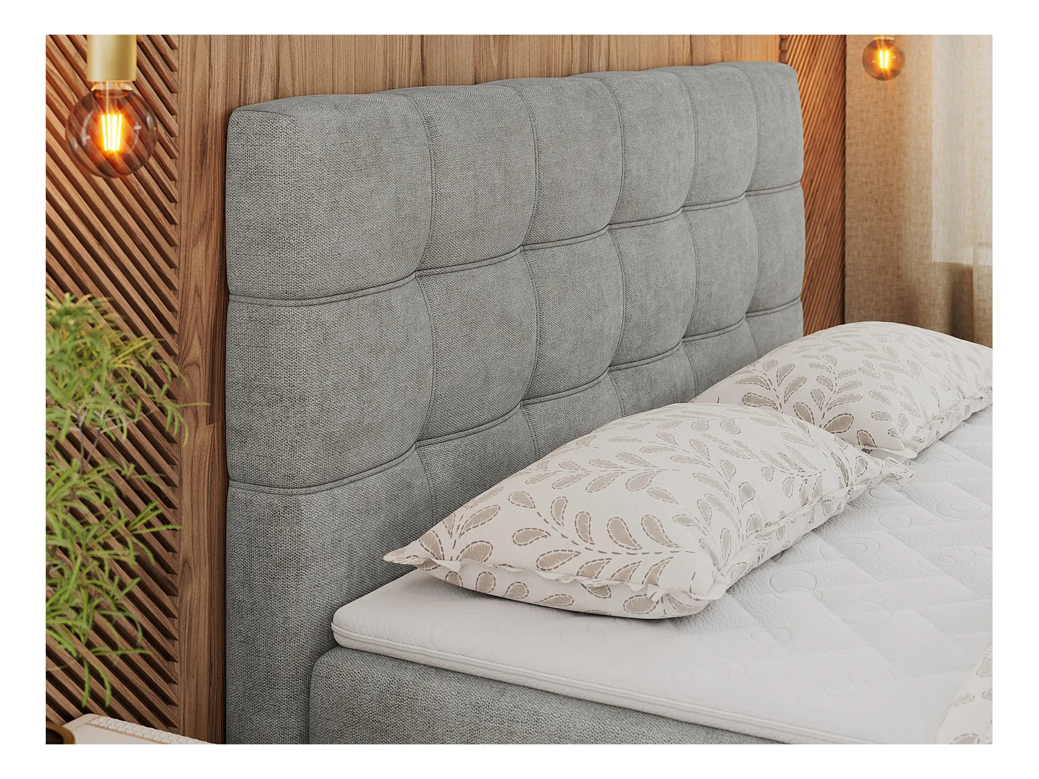 Boxspringbett ERNI - mit gestepptem Kopfteil, Polsterbett, Multipocket-Matratze und Topper, Bettkästen - 180x200 cm - H4 - Hellgrau Stukture