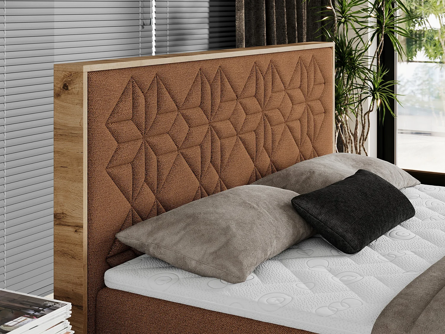 Boxspringbett NESSI - mit hoher Kopfstütze, Multipocket-Matratze und Topper, Doppelbett mit Bettkästen - 160x200 cm - H3 - Orange Strukture