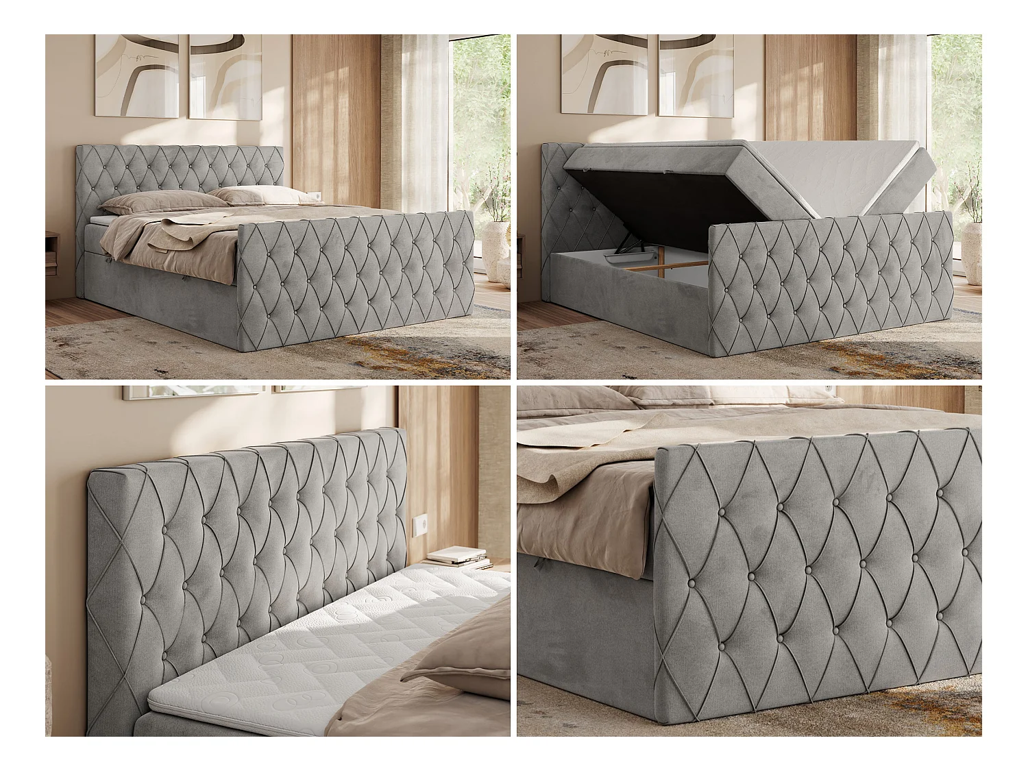 Boxspringbett MIREN DUO - mit gestepptem Kopfteil und Front, Multipocket-Matratze, zwei Bettkästen - 160x200 cm - H3 - Hellgrau Velvet