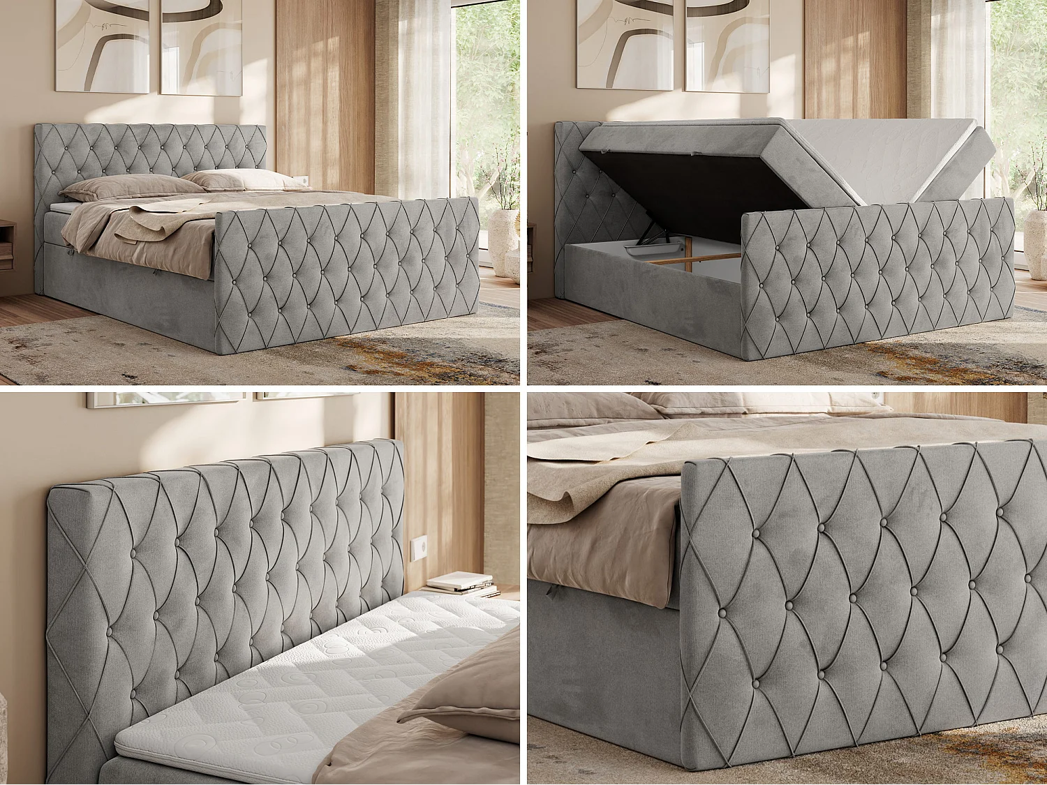 Boxspringbett MIREN DUO - mit gestepptem Kopfteil und Front, Multipocket-Matratze, zwei Bettkästen - 160x200 cm - H3 - Hellgrau Velvet
