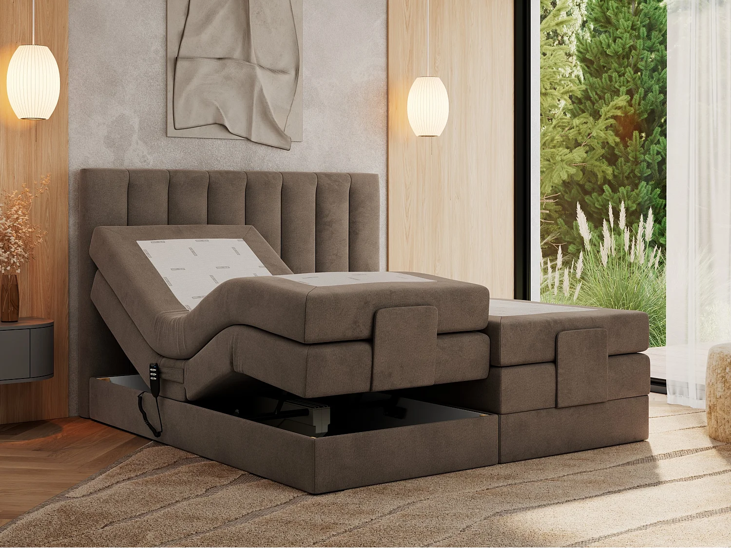 Boxspringbett COMFORTO - Doppelbett, Elektrisch verstellbare, Multipocket-Matratzen und Topper, genähtes Kopfteil - 160x200 cm - H4 - Braun Velvet