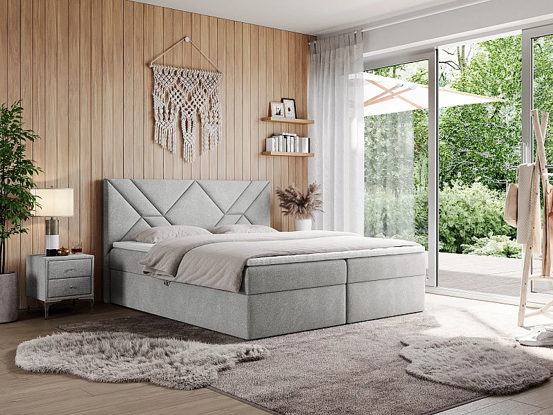 Boxspringbett NEOMI - dekorativem Kopfteil, Polsterbett mit Multipocket-Matratzen, zwei Bettkästen - 120x200 cm - H3 - Hellgrau Strukture
