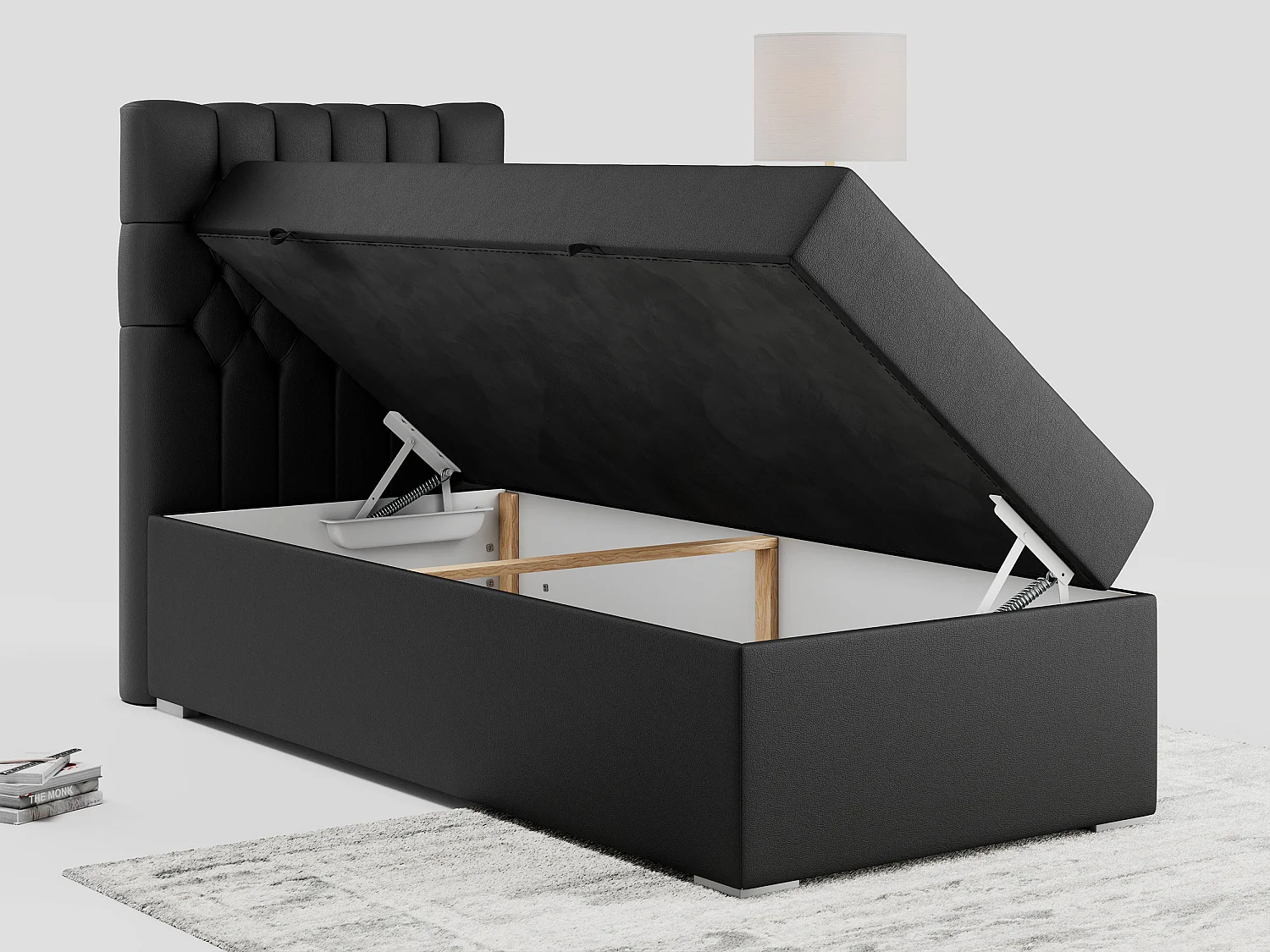 Boxspringbett PERA - Einzelbett mit Kopfstütze, Polsterbett, Multipocket-Matratze, genähtes Kopfteil - 90x200 cm - H4 - Schwarz Kunstleder - Links Seite