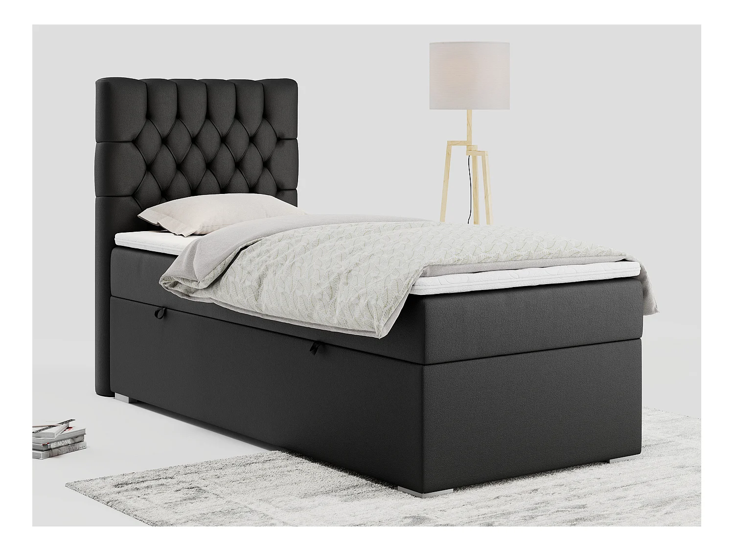 Boxspringbett PERA - Einzelbett mit Kopfstütze, Polsterbett, Multipocket-Matratze, genähtes Kopfteil - 90x200 cm - H4 - Schwarz Kunstleder - Links Seite