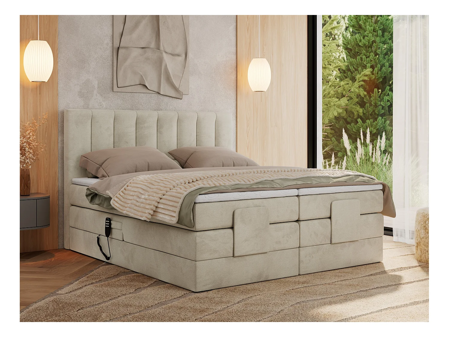 Boxspringbett COMFORTO - Doppelbett, Elektrisch verstellbare, Multipocket-Matratzen und Topper, genähtes Kopfteil - 200x200 cm - H4 - Beige Velvet