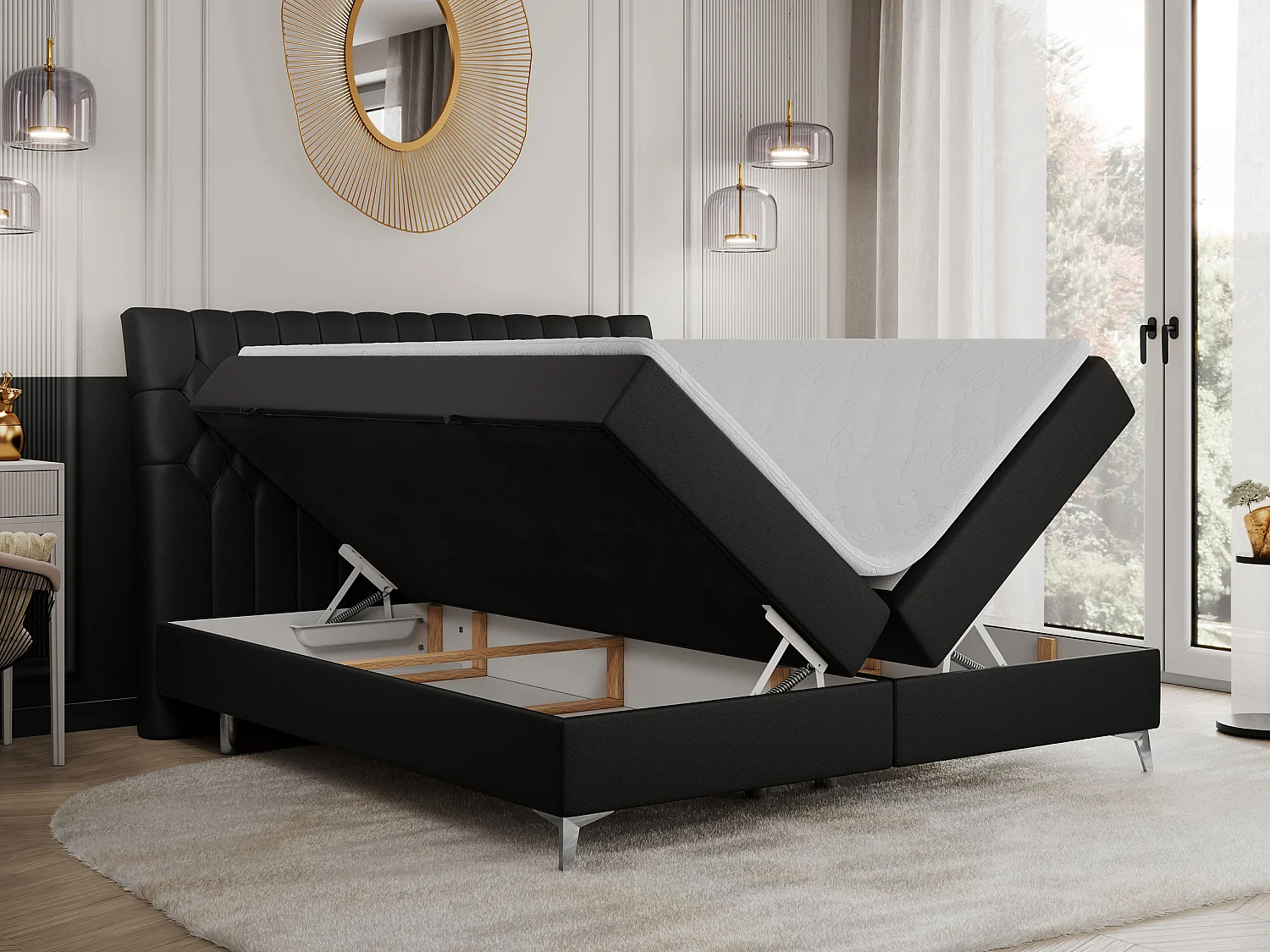 Boxspringbett MILEN - gepolstertes Schlafzimmerbett, zwei Multipocket-Matratze, dekorative hohe Beine - 120x200 cm - H4 - Schwarz Kunstleder