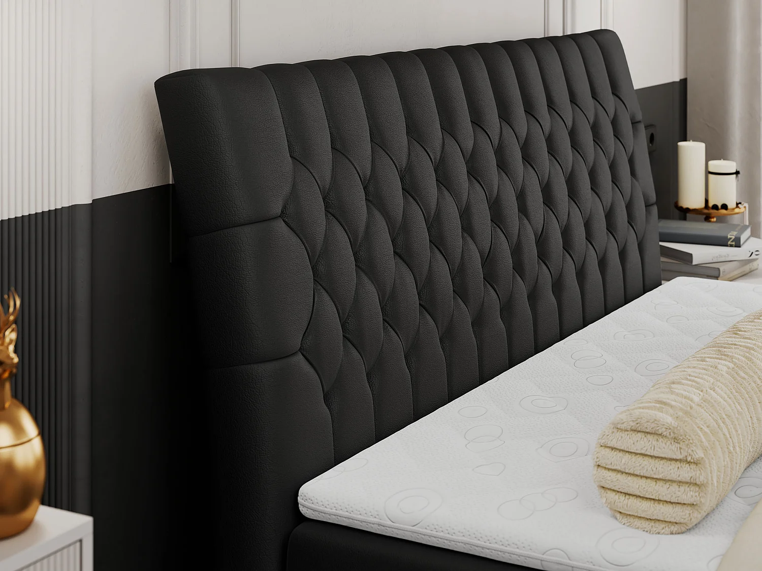 Boxspringbett MILEN - gepolstertes Schlafzimmerbett, zwei Multipocket-Matratze, dekorative hohe Beine - 120x200 cm - H4 - Schwarz Kunstleder