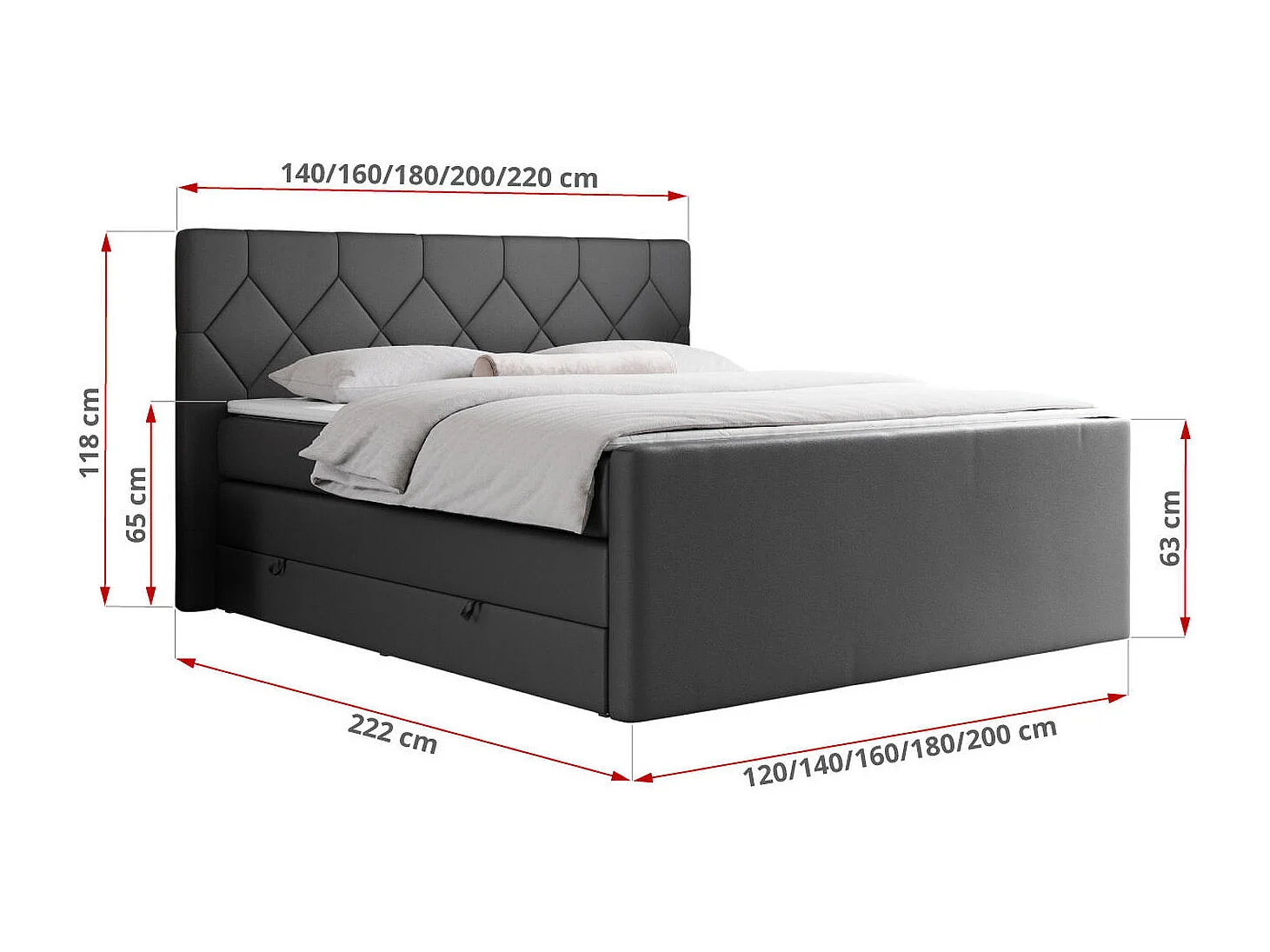 Boxspringbett EIGAR KING - Doppelbett mit genähtem Kopfteil, zwei Multipocket-Matratzen, Polsterbett für Schlafzimmer - 160x200 cm - H3 - Dunkelgrau Kunstleder