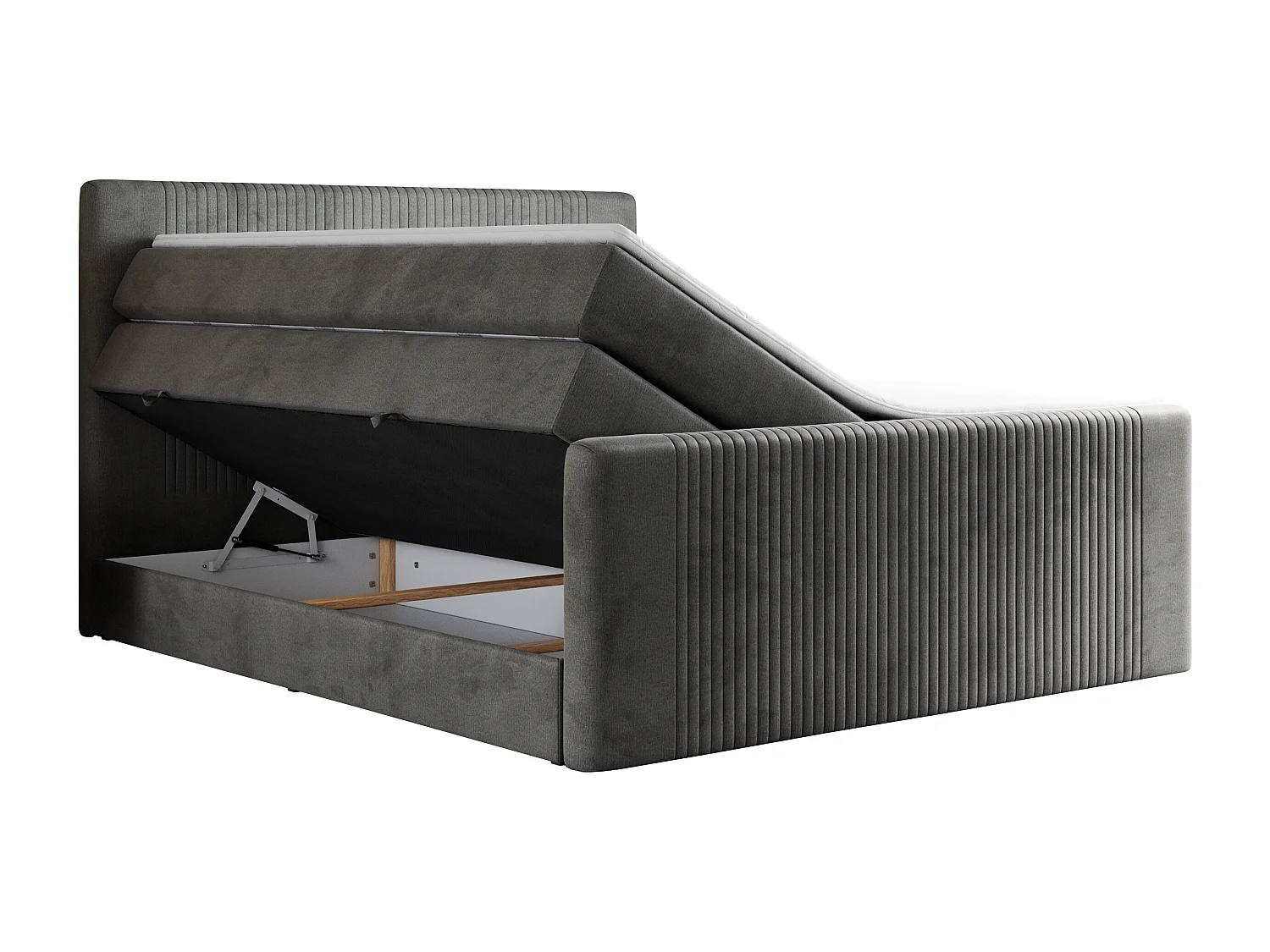 Boxspringbett DOREN KING - mit gesteppter Front und Kopfteil, zwei Multipocket-Matratzen und Topper, Doppelbett - 200x200 cm - H4 - Dunkelgrau Velvet