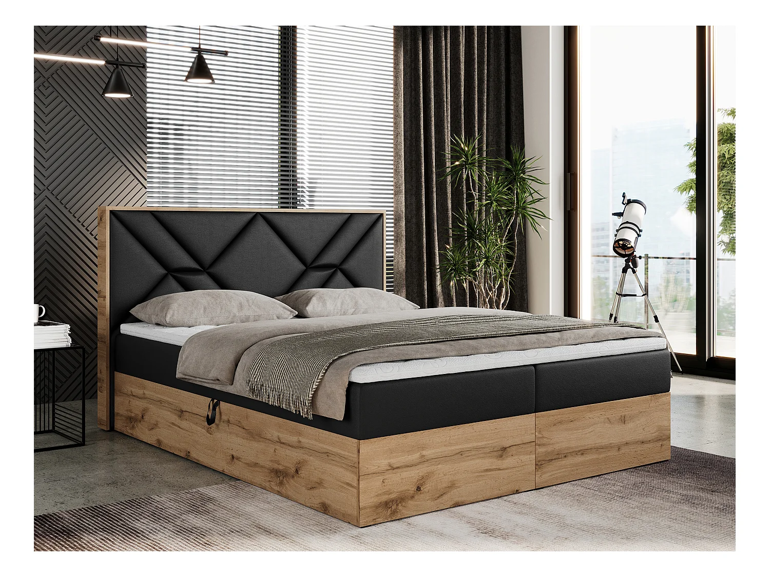 Boxspringbett GUNAR - gepolster kopfteil, Doppelbett mit Multipocket-Matratze, zwei Bettkästen - 180x200 cm - H4 - Schwarz Kunstleder