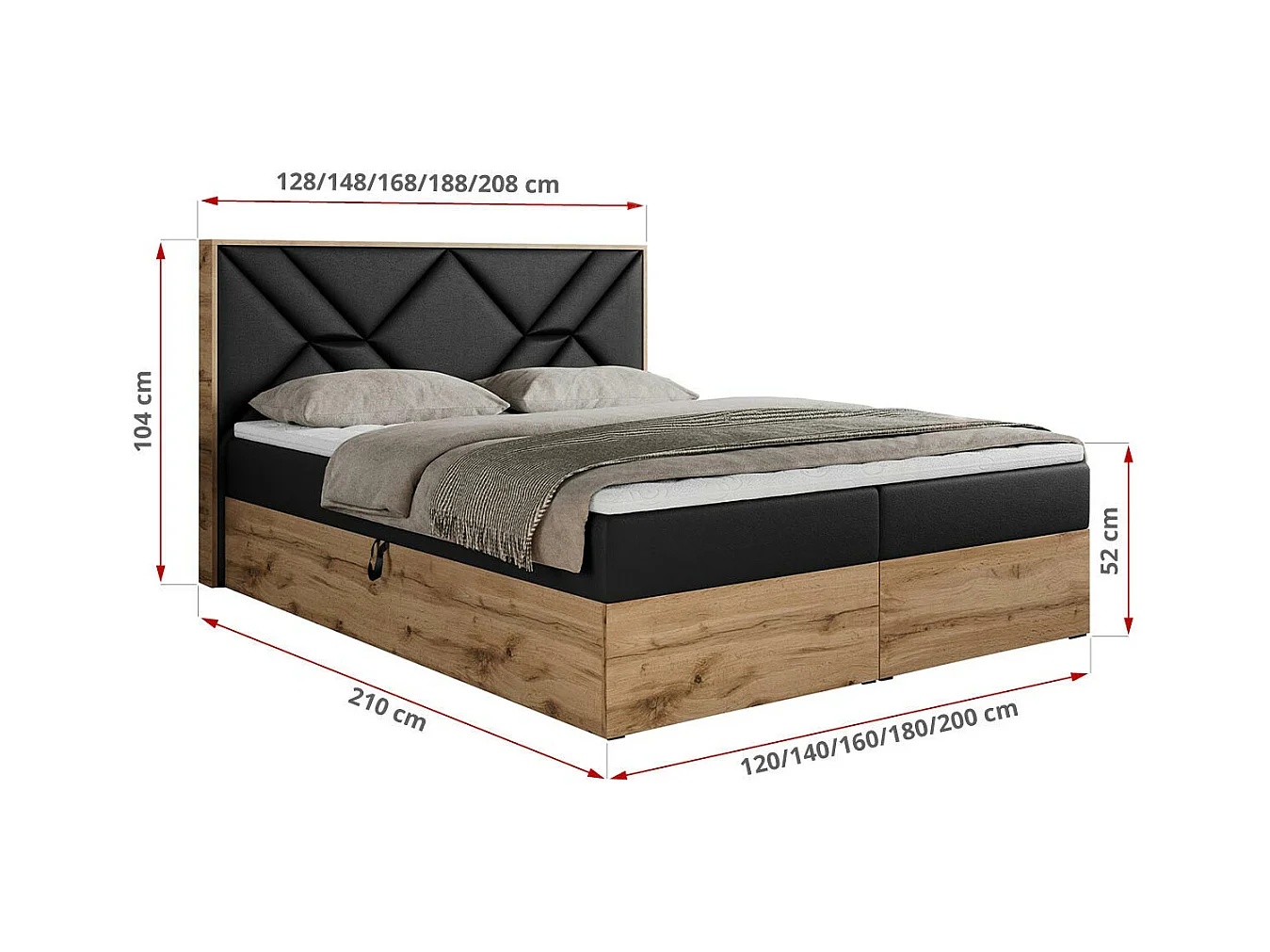 Boxspringbett GUNAR - gepolster kopfteil, Doppelbett mit Multipocket-Matratze, zwei Bettkästen - 180x200 cm - H4 - Schwarz Kunstleder