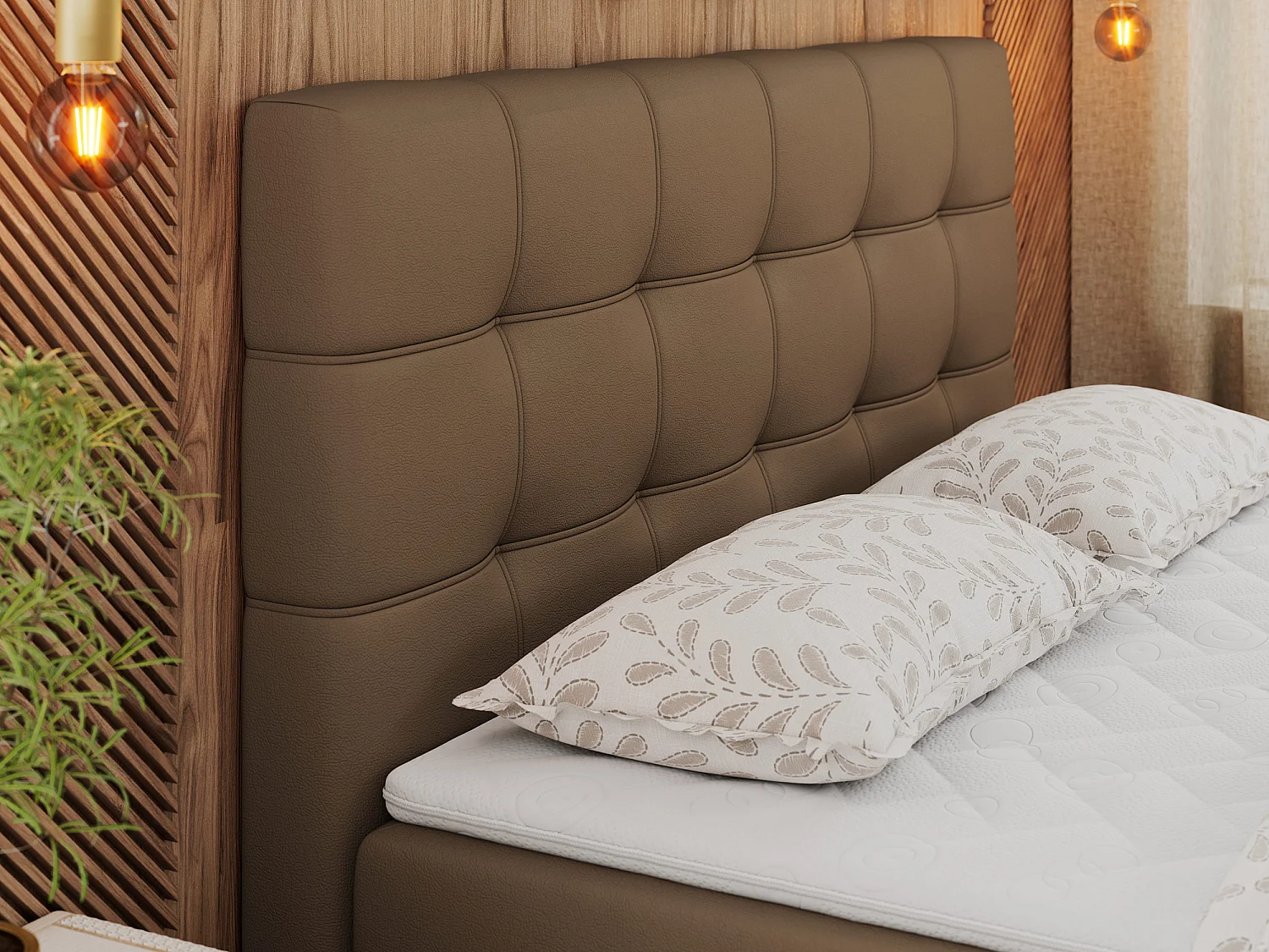 Boxspringbett ERNI - mit gestepptem Kopfteil, Polsterbett, Multipocket-Matratze und Topper, Bettkästen - 180x200 cm - H4 - Braun Kunstleder