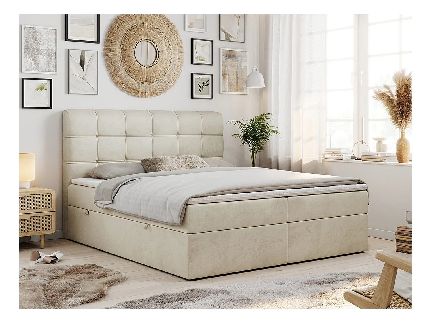 Boxspringbett FAST - Doppelbett mit Stauraum, gestepptes Kopfteil, Multipocket-Matratze - 160x200 cm - H4 - Beige Velvet