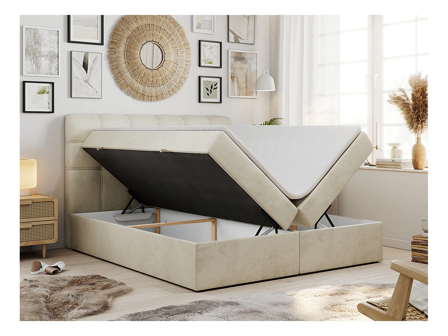 Boxspringbett FAST - Doppelbett mit Stauraum, gestepptes Kopfteil, Multipocket-Matratze - 160x200 cm - H4 - Beige Velvet