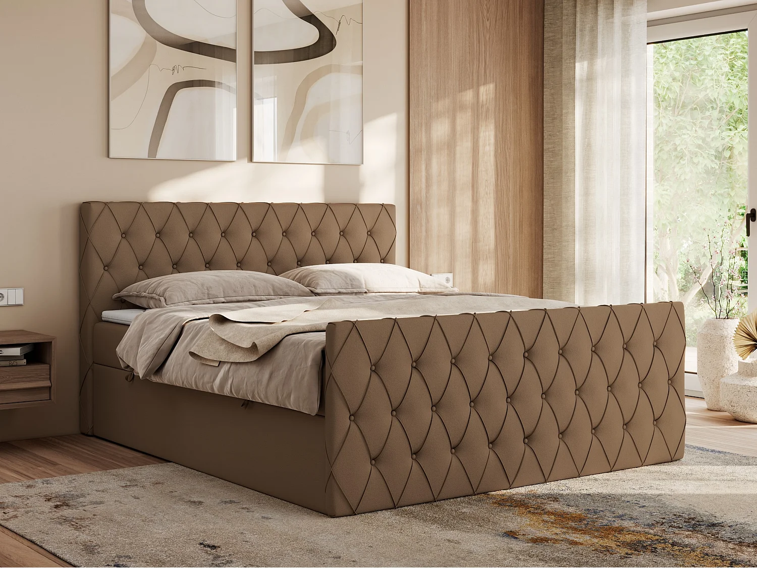 Boxspringbett MIREN DUO - mit gestepptem Kopfteil und Front, Multipocket-Matratze, zwei Bettkästen - 160x200 cm - H3 - Braun Kunstleder