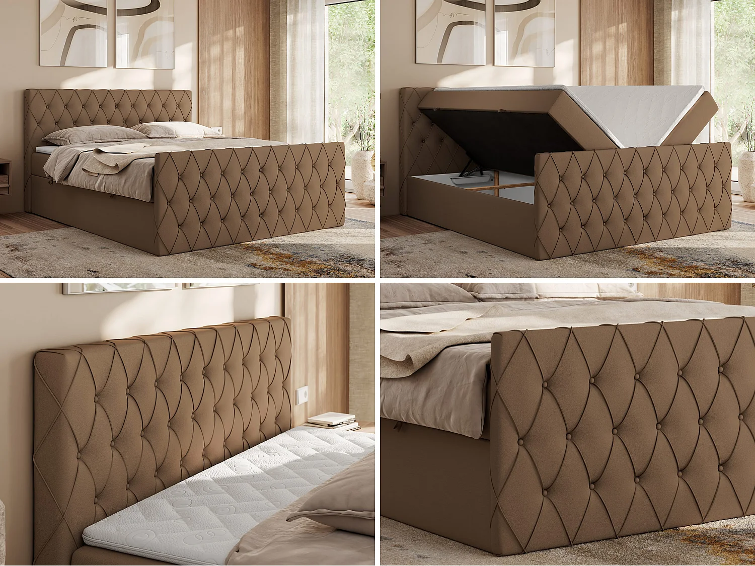 Boxspringbett MIREN DUO - mit gestepptem Kopfteil und Front, Multipocket-Matratze, zwei Bettkästen - 160x200 cm - H3 - Braun Kunstleder