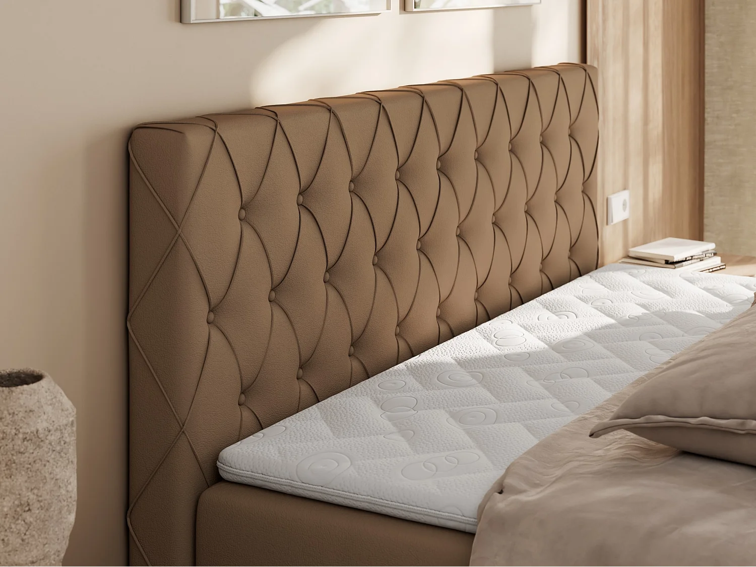 Boxspringbett MIREN DUO - mit gestepptem Kopfteil und Front, Multipocket-Matratze, zwei Bettkästen - 160x200 cm - H3 - Braun Kunstleder