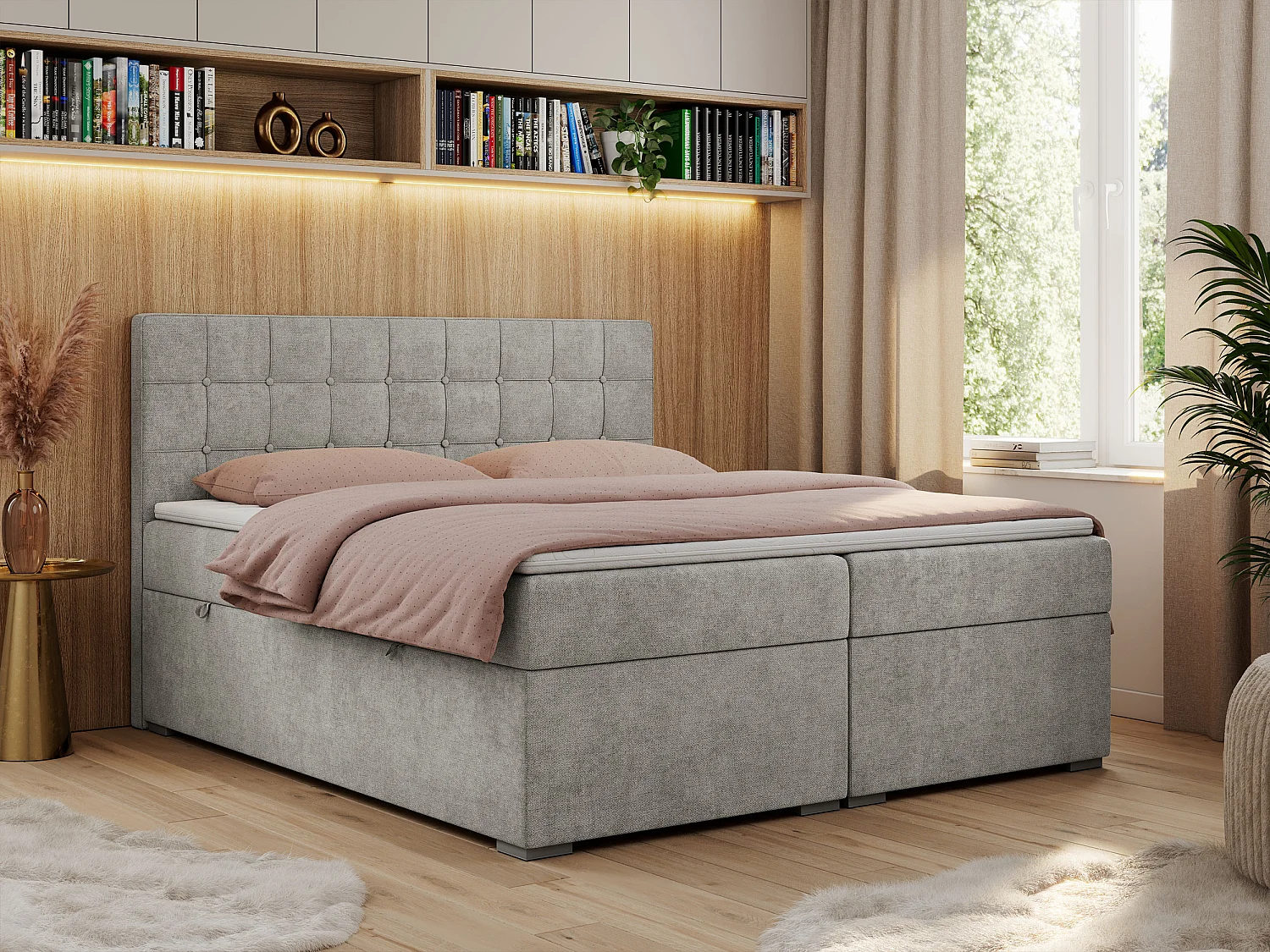 Boxspringbett CARMEN - Polsterbett mit zwei Bettkästen, gesteppte Kopfstütze, Multipocket-Matratze - 140x200 cm - H3 - Hellgrau Stukture