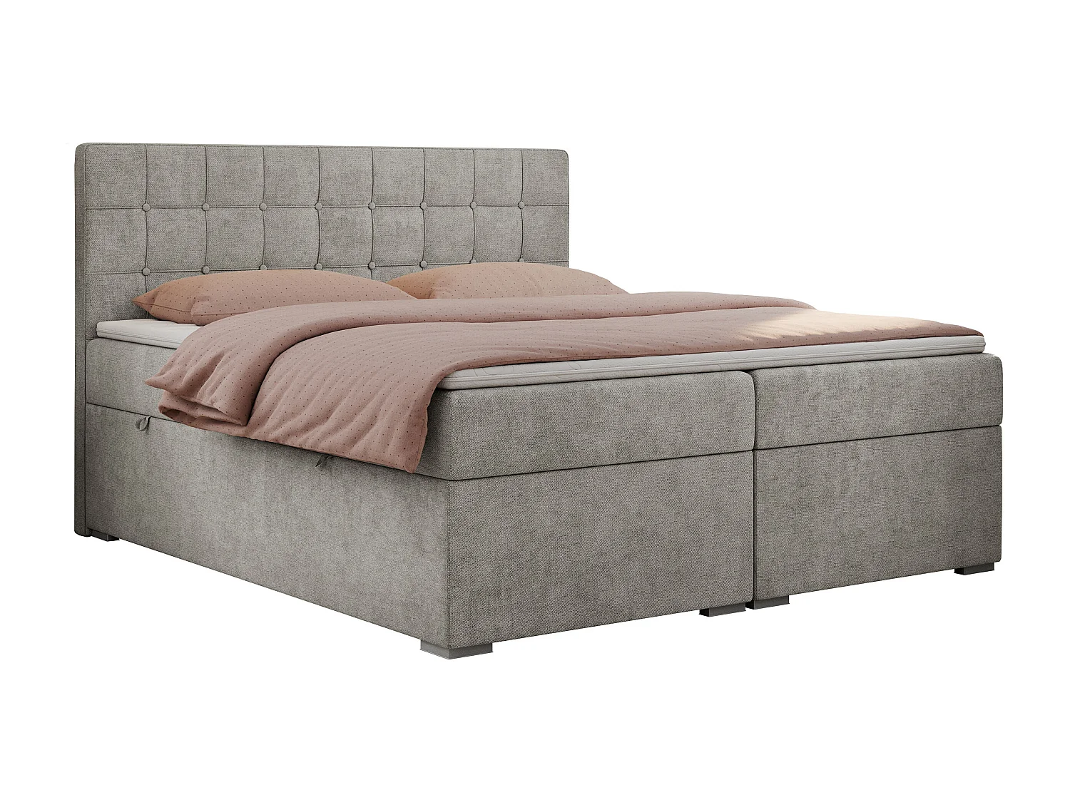 Boxspringbett CARMEN - Polsterbett mit zwei Bettkästen, gesteppte Kopfstütze, Multipocket-Matratze - 140x200 cm - H3 - Hellgrau Stukture