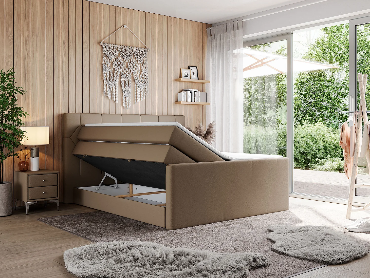 Boxspringbett EIGAR KING - Doppelbett mit genähtem Kopfteil, zwei Multipocket-Matratzen, Polsterbett für Schlafzimmer - 160x200 cm - H3 - Braun Kunstleder