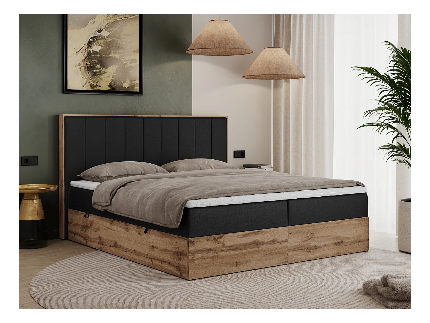 Boxspringbett BELLISSIMO - mit gestepptem Kopfteil, Polsterbett mit zwei Bettkästen, Multipocket-Matratze - 140x200 cm - H4 - Schwarz Kunstleder