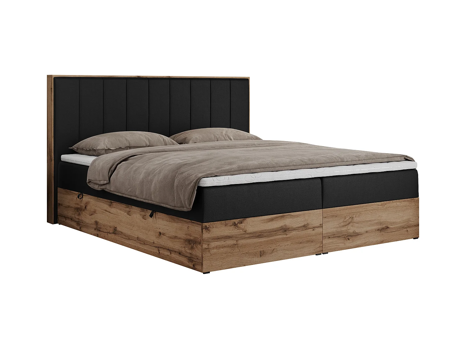 Boxspringbett BELLISSIMO - mit gestepptem Kopfteil, Polsterbett mit zwei Bettkästen, Multipocket-Matratze - 140x200 cm - H4 - Schwarz Kunstleder