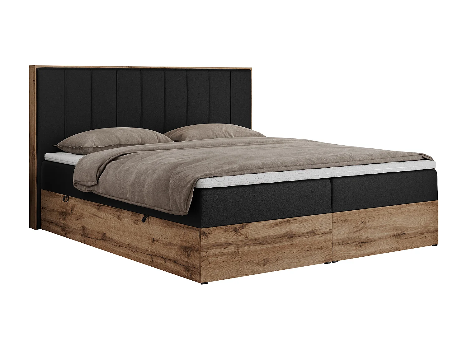 Boxspringbett BELLISSIMO - mit gestepptem Kopfteil, Polsterbett mit zwei Bettkästen, Multipocket-Matratze - 140x200 cm - H4 - Schwarz Kunstleder