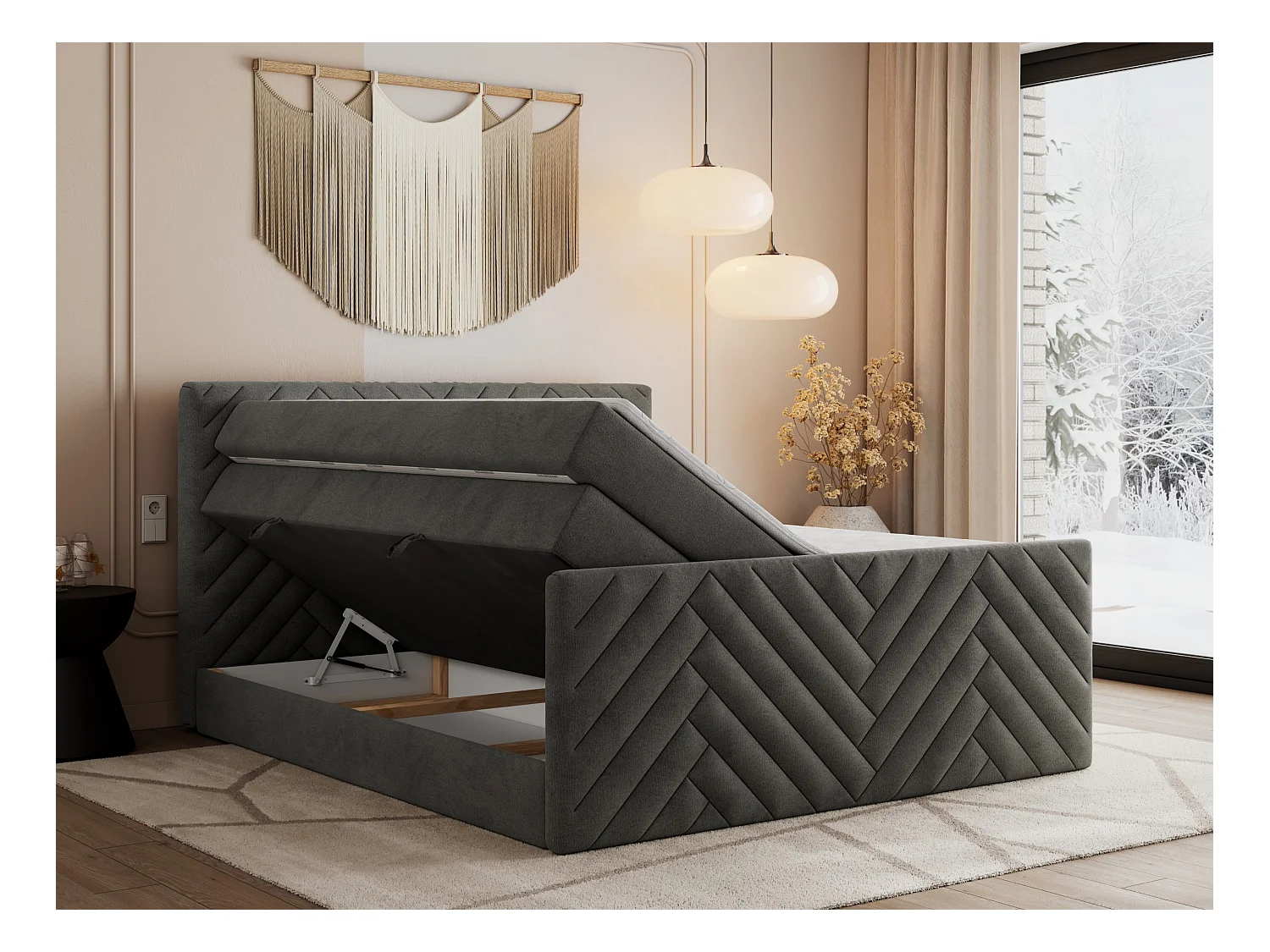 Boxspringbett PARIS KING DUO - dekorative Kopfstütze und Front, zwei Multipocket-Matratze mit Topper - 180x200 cm - H3 - Dunkelgrau Velvet