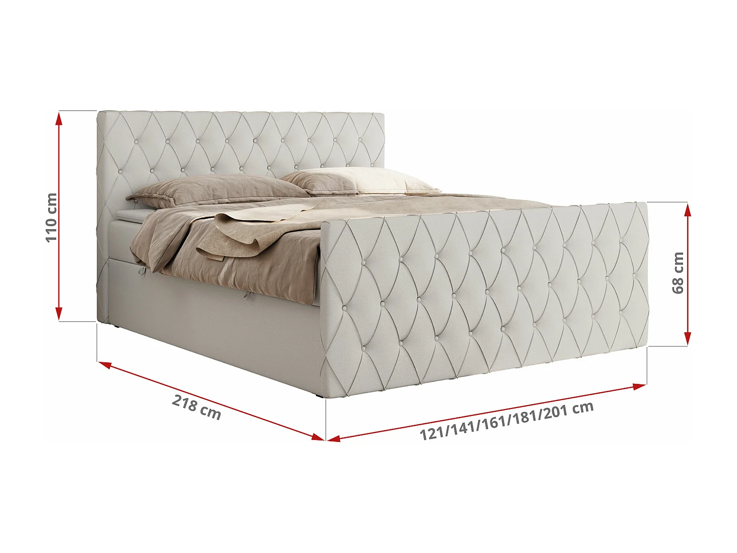 Boxspringbett MIREN DUO - mit gestepptem Kopfteil und Front, Multipocket-Matratze, zwei Bettkästen - 120x200 cm - H4 - Weiß Kunstleder