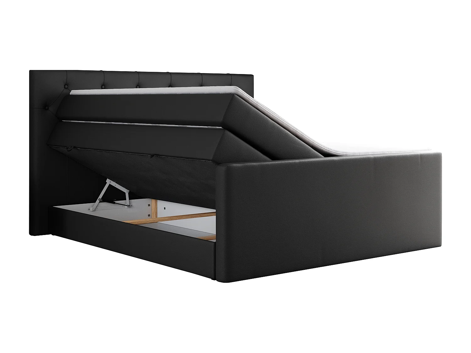 Boxspringbett VELEN KING - Doppelbett mit gestepptem Kopfteil, zwei Multipocket-Matratzen, Polsterbett mit Kopfstütze - 200x200 cm - H3 - Schwarz Kunstleder