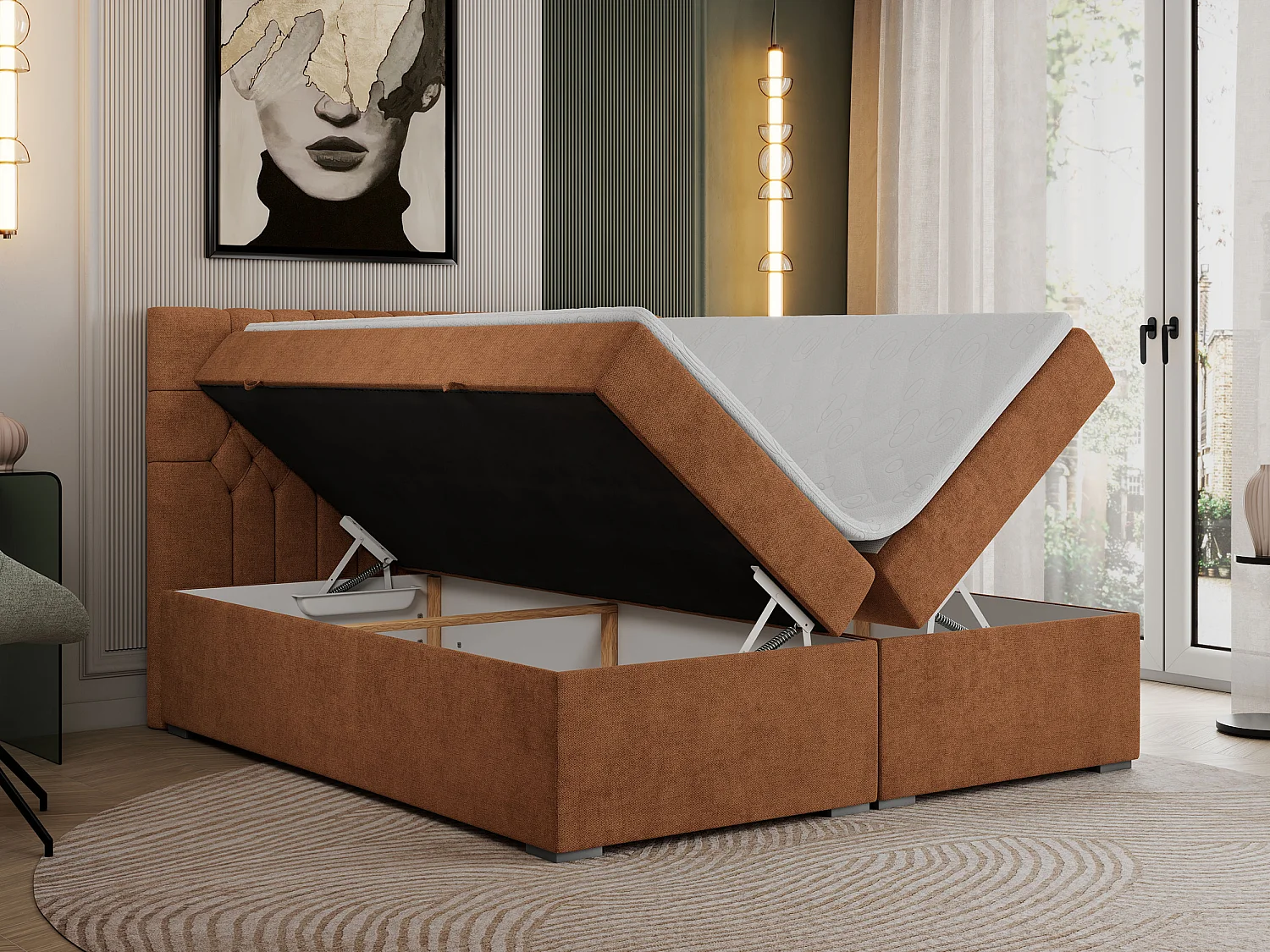 Boxspringbett PERA - gesteppte Kopfstütze, Multipocket-Matratze und Topper, Doppelbett mit Stauraum - 140x200 cm - H3 - Orange Strukture