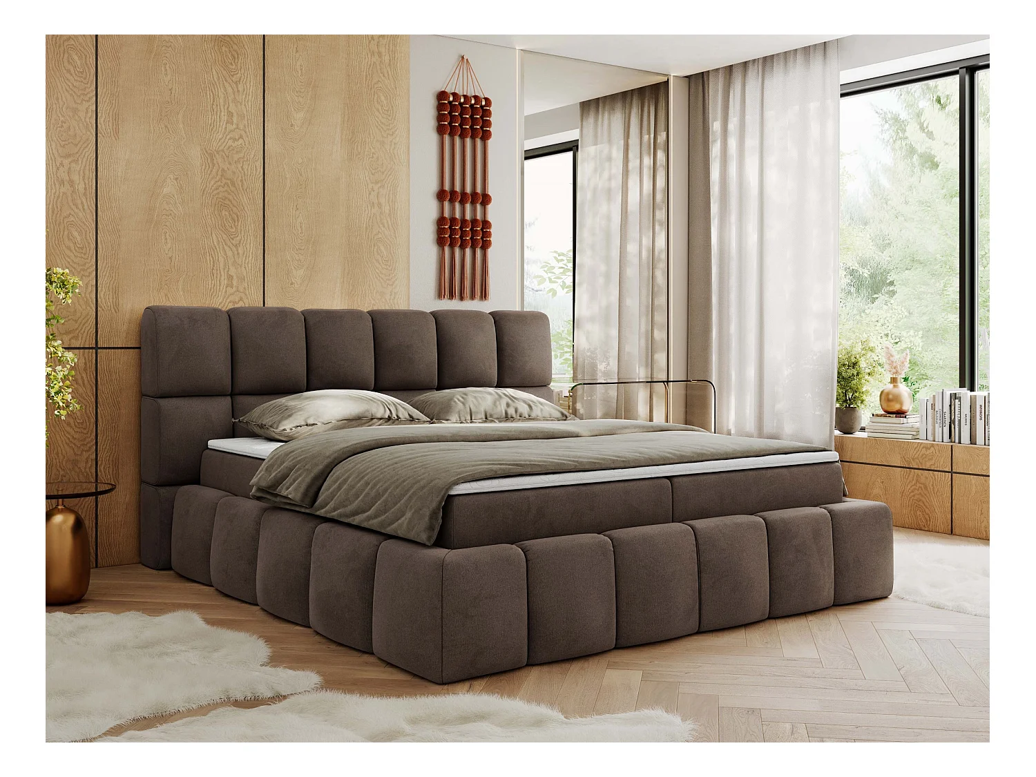 Boxspringbett NIRA - dekorativ kopfteil, Bettkästen und Multipocket-Matratze, Doppelbett für Schlafzimmer - 200x200 cm - H4 - Braun Velvet