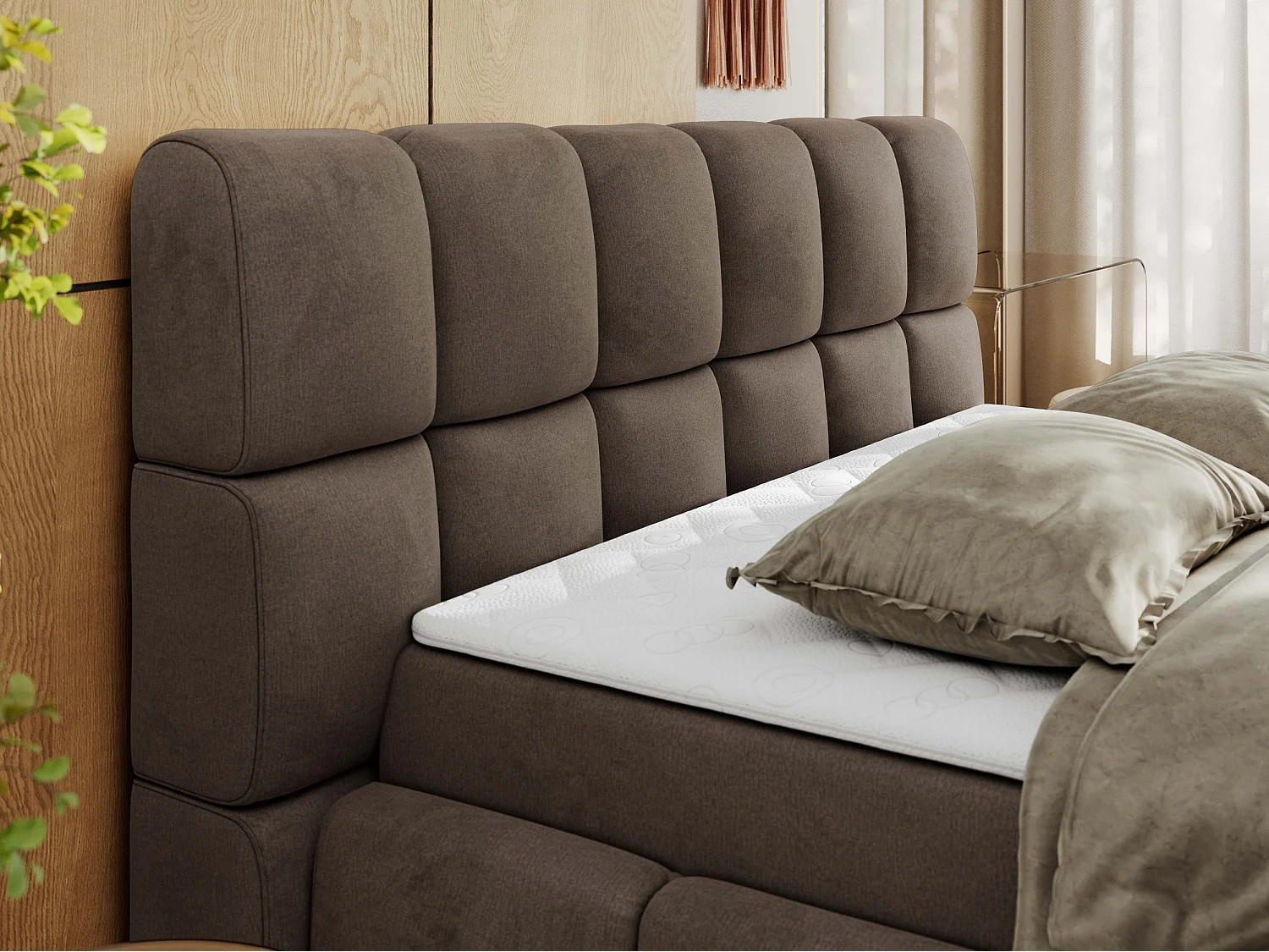 Boxspringbett NIRA - dekorativ kopfteil, Bettkästen und Multipocket-Matratze, Doppelbett für Schlafzimmer - 200x200 cm - H4 - Braun Velvet