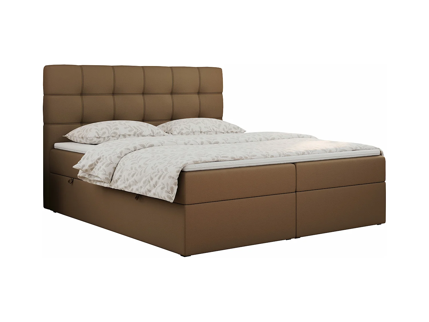 Boxspringbett ERNI - mit gestepptem Kopfteil, Polsterbett, Multipocket-Matratze und Topper, Bettkästen - 160x200 cm - H3 - Braun Kunstleder