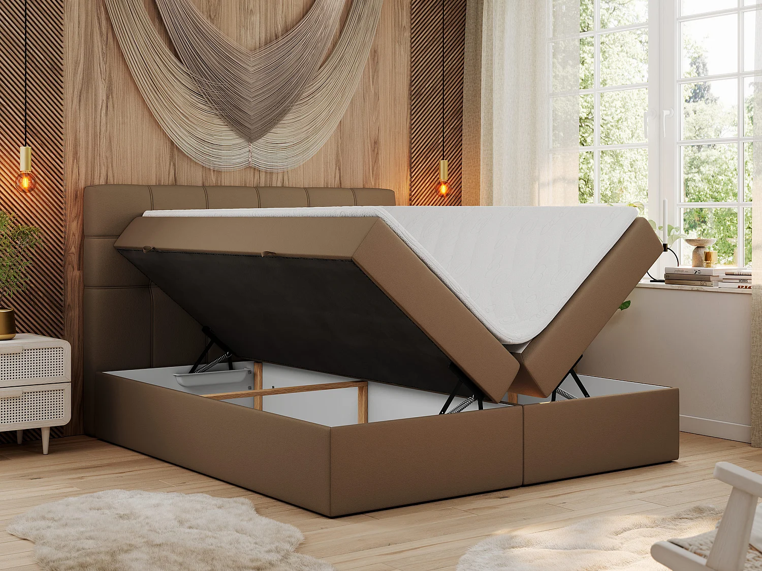 Boxspringbett ERNI - mit gestepptem Kopfteil, Polsterbett, Multipocket-Matratze und Topper, Bettkästen - 160x200 cm - H3 - Braun Kunstleder