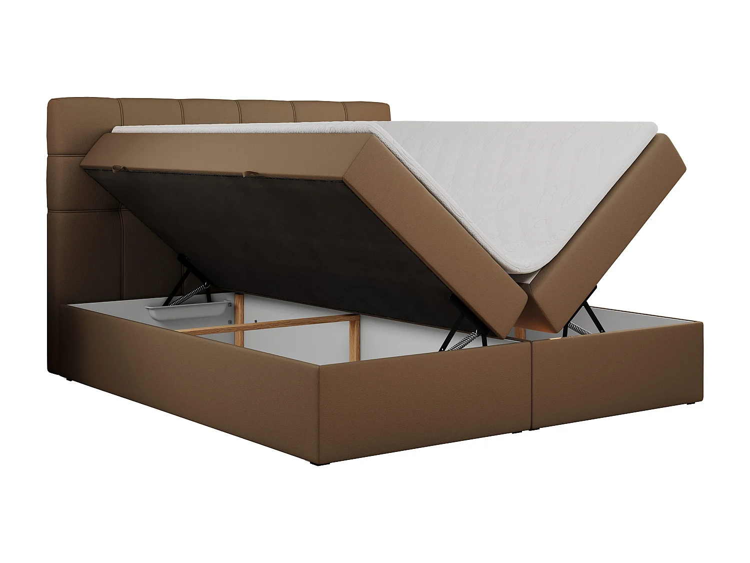 Boxspringbett ERNI - mit gestepptem Kopfteil, Polsterbett, Multipocket-Matratze und Topper, Bettkästen - 160x200 cm - H3 - Braun Kunstleder